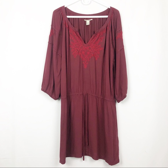 Lucky Brand Dresses & Skirts - Lucky Brand Maroon Embroidered Peasant Dress